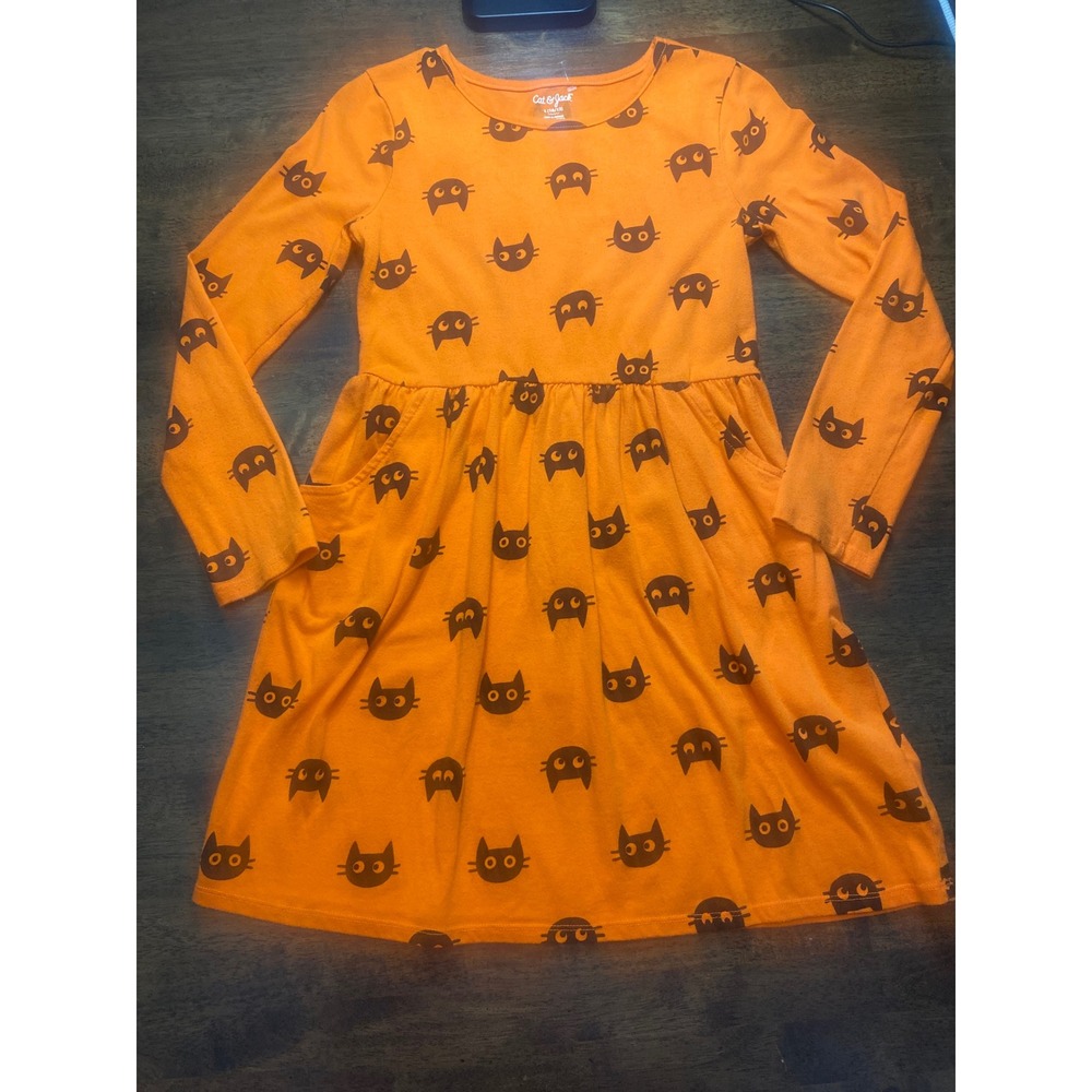 Cat & Jack Girls Orange Black Cat Print Long Sleeve Pocket Dress Size L 10/12